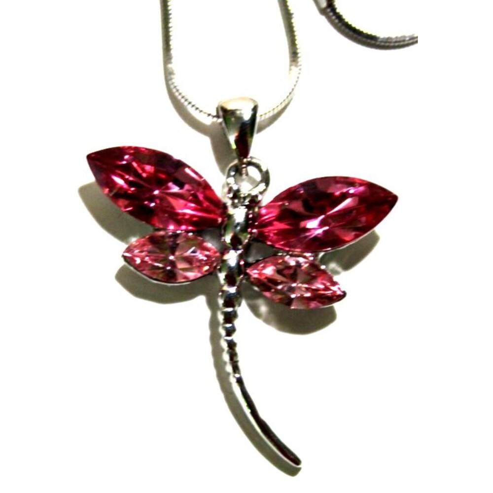 Swarovski Crystal Pink Rose Dragonfly Pendant Necklace Bridal Wedding Jewelry
